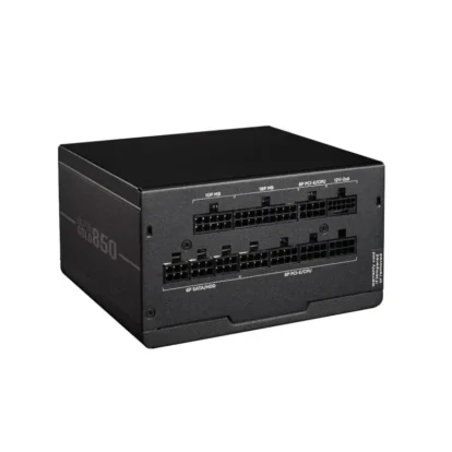 Modular 850w power supply unit with labeled pcie, sata, and cpu connectors for a computer build (side reads 'gold 850')