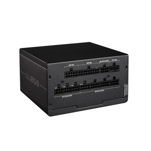 Cooler master elite gold 850 80 plus gold 850w atx 3. 1 fully modular power supply - black Modular 850w power supply unit with labeled pcie, sata, and cpu connectors for a computer build (side reads 'gold 850')