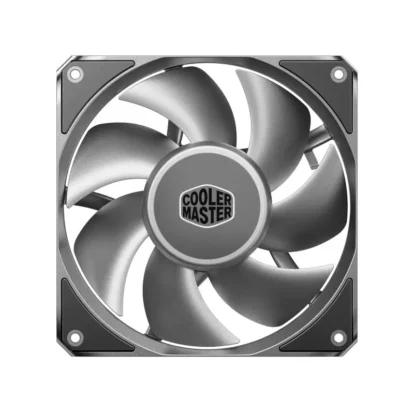 Square Cooler Master PC case fan with silver-gray blades and central logo hub, front view.