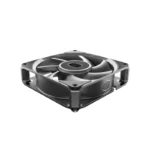 120mm computer cooling fan with black blades and a square metal frame with mounting holes at each corner (pc case/cpu cooler) contrasty image