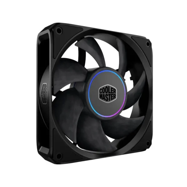 Cooler master masterfan m120 argb 120mm pwm cabinet fan Black pc cooling fan with a circular rgb led ring and cooler master logo at the center