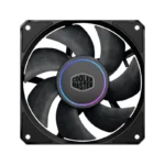 Cooler master case fan with black blades and a blue/purple rgb ring in the center