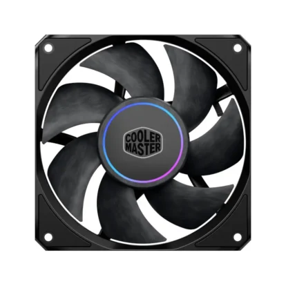 Cooler Master case fan with black blades and a blue/purple RGB ring in the center