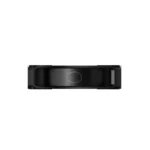 Black rectangular electronic component with a rounded inner groove and a small hexagonal logo in the center.