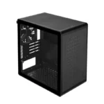 Black mid‑tower pc case with a transparent side panel showing an empty interior and a perforated front mesh panel