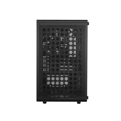 Black mini-tower pc case with a perforated mesh front panel and front-port i/o at the bottom front.