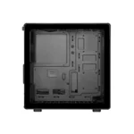 Interior view of a black computer case with metal chassis and empty drive bays and cable cutouts visible on the side panel removed.