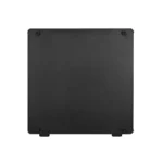 Black square external hard drive enclosure with four small feet at each corner.