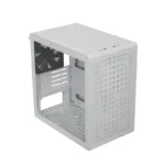 White mid-tower pc case with perforated front panel and an open left side showing drive bays and a rear exhaust fan.