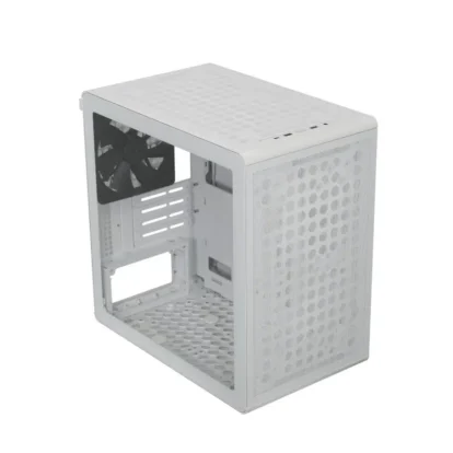 Cooler master q300l v3 m-atx 240mm cabinet white (q300lv3-wgnn-s00) White mid-tower pc case with perforated front panel and an open left side showing drive bays and a rear exhaust fan.