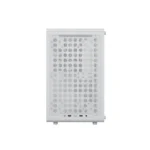 White mini desktop computer case with a perforated side panel and front i/o ports visible at the bottom edge