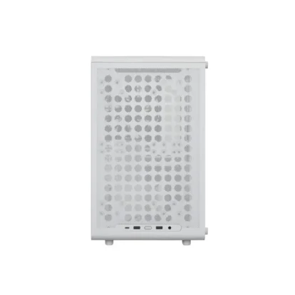 White mini desktop computer case with a perforated side panel and front i/o ports visible at the bottom edge