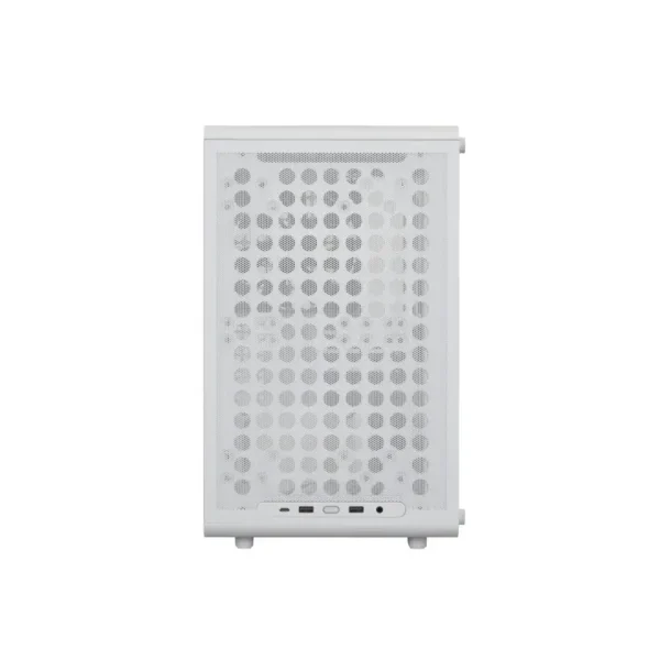 White mini desktop computer case with a perforated side panel and front i/o ports visible at the bottom edge