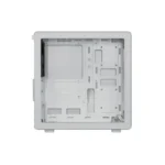 White computer case interior, empty, showing motherboard mounting area, drive bays, and cable pass-throughs