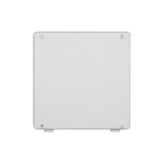 White square metal electrical enclosure with four corner screws and small feet at the bottom