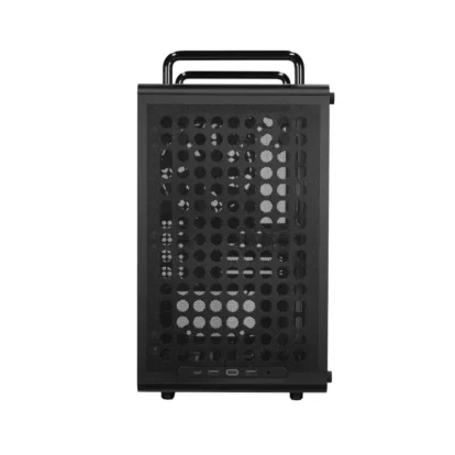 Black mini-itx computer case with a perforated mesh front and a top handle, shown from the front.