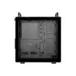Mid-tower pc case with side panel removed, showing the empty inner motherboard tray and drive bays.