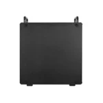 Black square metal equipment enclosure with top mounting brackets and small feet on the bottom corners.