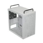 White pc case with perforated front panel, top metal handles, and an empty interior showing motherboard tray and rear fan slot.