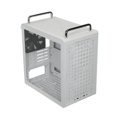 Cooler master qube 340 matx cabinet white (q340-wgnn-s00) White pc case with perforated front panel, top metal handles, and an empty interior showing motherboard tray and rear fan slot.