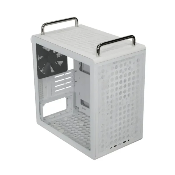 Cooler master qube 340 matx cabinet white (q340-wgnn-s00) White pc case with perforated front panel, top metal handles, and an empty interior showing motherboard tray and rear fan slot.