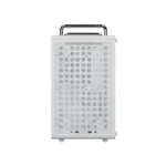 White portable device with a perforated front panel, metal carrying handle on top, and usb ports along the base (likely a compact speaker or mini pc).