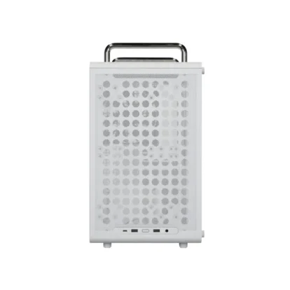 White portable device with a perforated front panel, metal carrying handle on top, and usb ports along the base (likely a compact speaker or mini pc).
