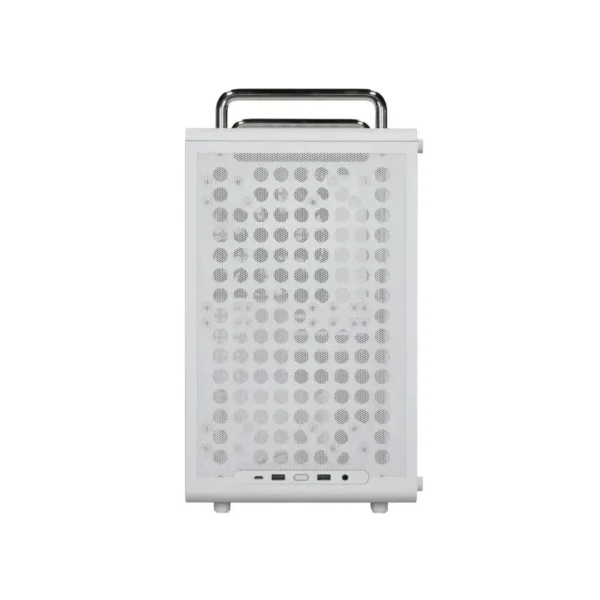 Cooler master qube 340 matx cabinet white (q340-wgnn-s00) White portable device with a perforated front panel, metal carrying handle on top, and usb ports along the base (likely a compact speaker or mini pc).