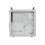 White computer tower case with no components, showing the empty motherboard tray and drive bays inside