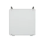 Front view of a white square metal enclosure with two top mounting brackets and small bottom feet, viewed straight on.