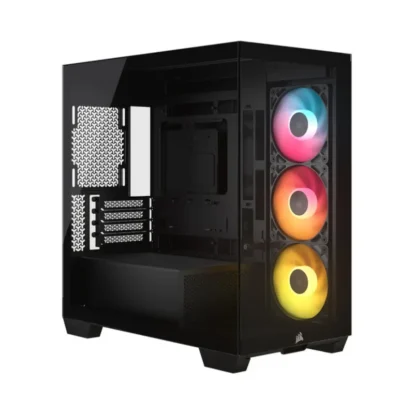 Corsair 2800x rs-r argb m-atx 360mm cabinet black (cc-9011347-ww) Black mid-tower pc case with three rgb-lit front fans visible through a tempered-glass panel