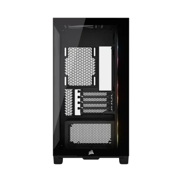 Corsair 2800x rs-r argb m-atx 360mm cabinet black (cc-9011347-ww) Black mid-tower pc case shown from the side with a transparent panel, exposing the pcie slots and power supply area inside.