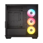 Mid-tower pc case with transparent side panel removed, showing three rgb-lit 120mm fans on the right and a spacious motherboard area.