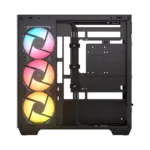 Mid-tower pc case interior with three rgb fans at the front, cable management channels, and a power-supply shroud.