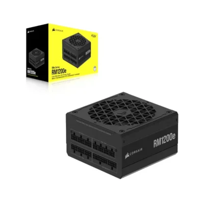Corsair rme series rm1200e - 1200 watt 80 plus gold fully modular atx power supply Corsair rm1200e high-wank modular power supply with black case shown beside yellow packaging box.