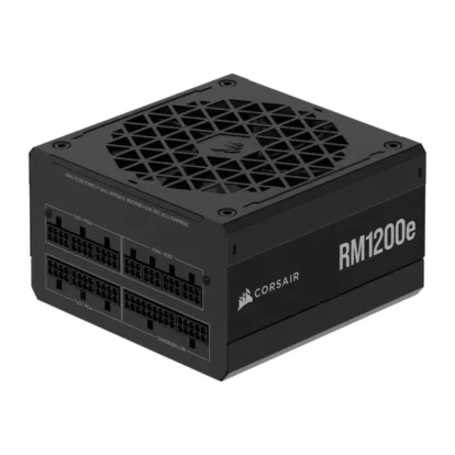 Corsair rm1200e high-wattage atx power supply unit with modular cables and top ventilation grid, shown at an angle.