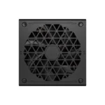 Black pc power supply unit with a circular fan visible behind a triangular lattice vent grille (honeycomb pattern).