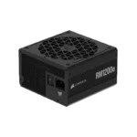 Corsair rm1200e power supply unit shown at an angle, black with logo on the side and a ventilation grid on top.