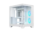 White mid-tower pc case with a transparent side panel and two lit blue rgb fans on the front
