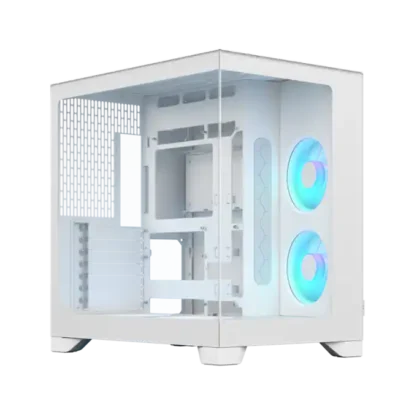 White mid-tower pc case with a transparent side panel and two lit blue rgb fans on the front