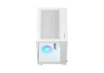 White mid-tower pc case in a clean white design, with a glowing blue rgb fan visible in the lower chamber and front i/o ports visible on the right edge.