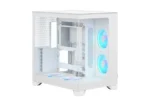 White mid-tower pc case with a transparent side panel and visible internal mounting area; two blue rgb fans in the front and a blue-lit bottom fan(s). 2. 5d look of internals visible through the side panel.