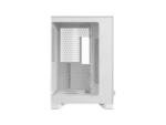 White computer case with its side panel removed, exposing the empty interior and ventilation area
