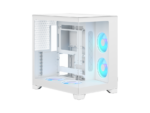 White mid-tower pc case with a transparent side panel, showing internal mounting brackets, drive bays, and three rgb fan accents (two at the rear, one at the bottom).