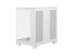 White mid-tower pc case with a transparent side panel and front mesh panels, shown from a corner view