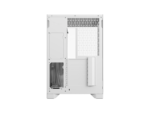 White mid-tower pc case rear interior with ventilation grid, pci slot area, and visible cable routing panel