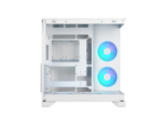 White mid-tower pc case with two illuminated blue cooling fans on the front and empty internal bays ready for components
