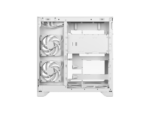White pc case interior with two front-mounted cooling fans and empty drive bays at the bottom.