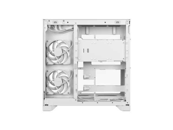 Fractal design fractal design pop 2 vision white rgb - dual-chamber case with glass panels, 4 rgb fans white White pc case interior with two front-mounted cooling fans and empty drive bays at the bottom.