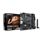 Gigabyte b550m k wifi6 motherboard with external antenna beside its retail box.